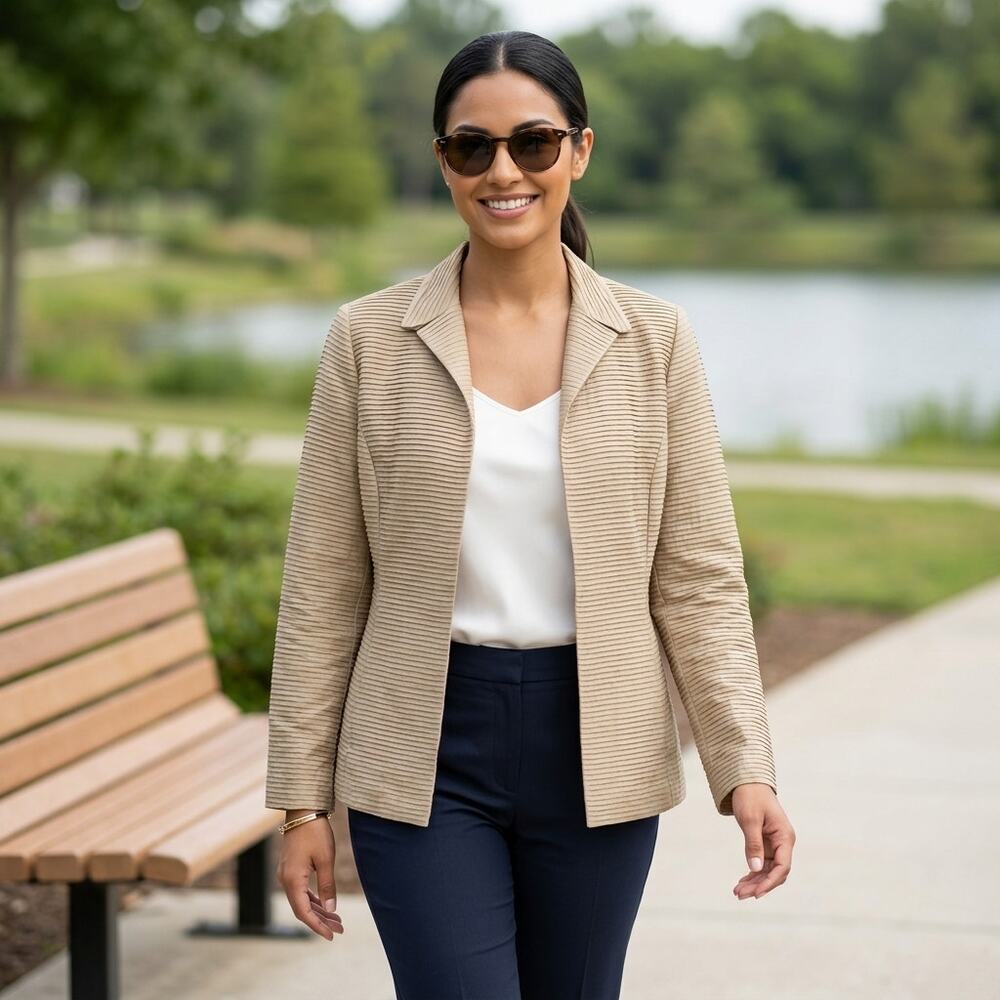 Nexx 100% Silk Beige Collared Open Front Lightweight Jacket Women Size S